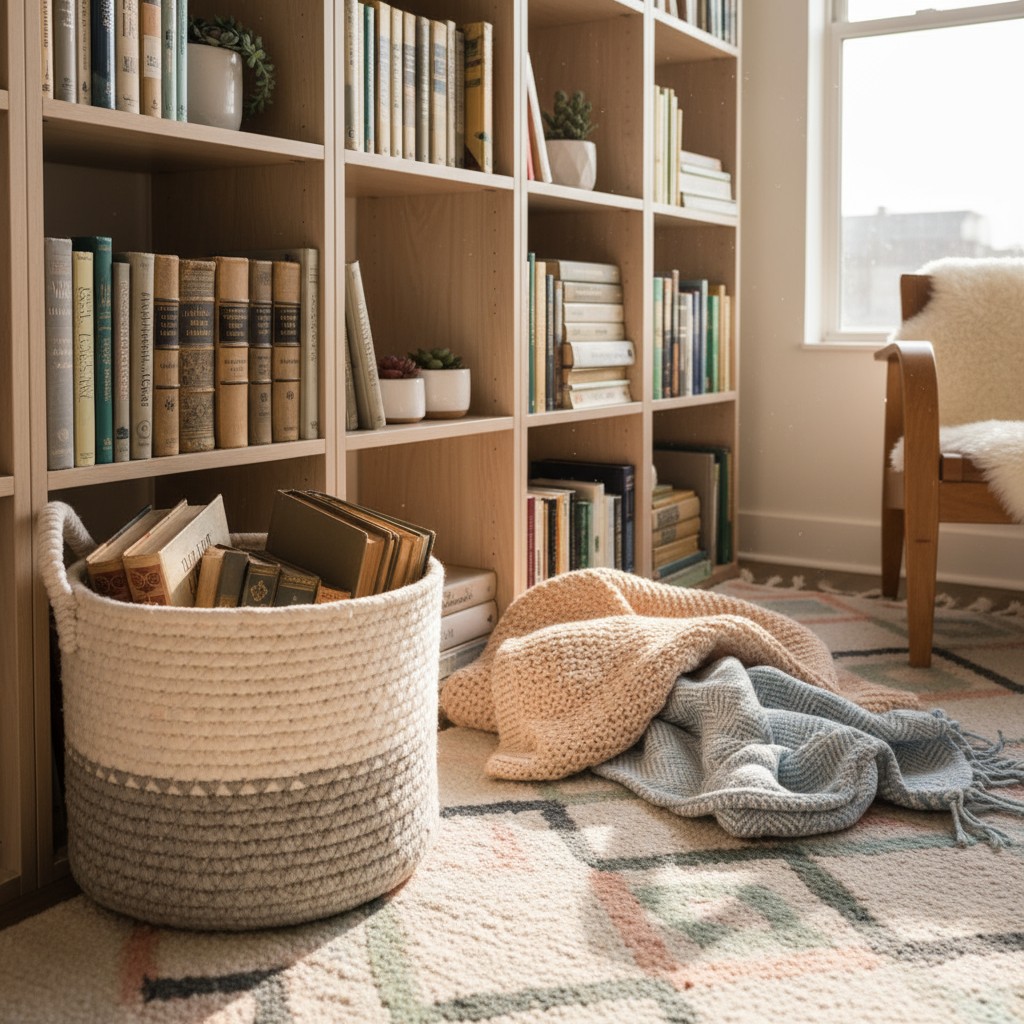 a cozy room with a bookshelf and a basket of books on the floor.