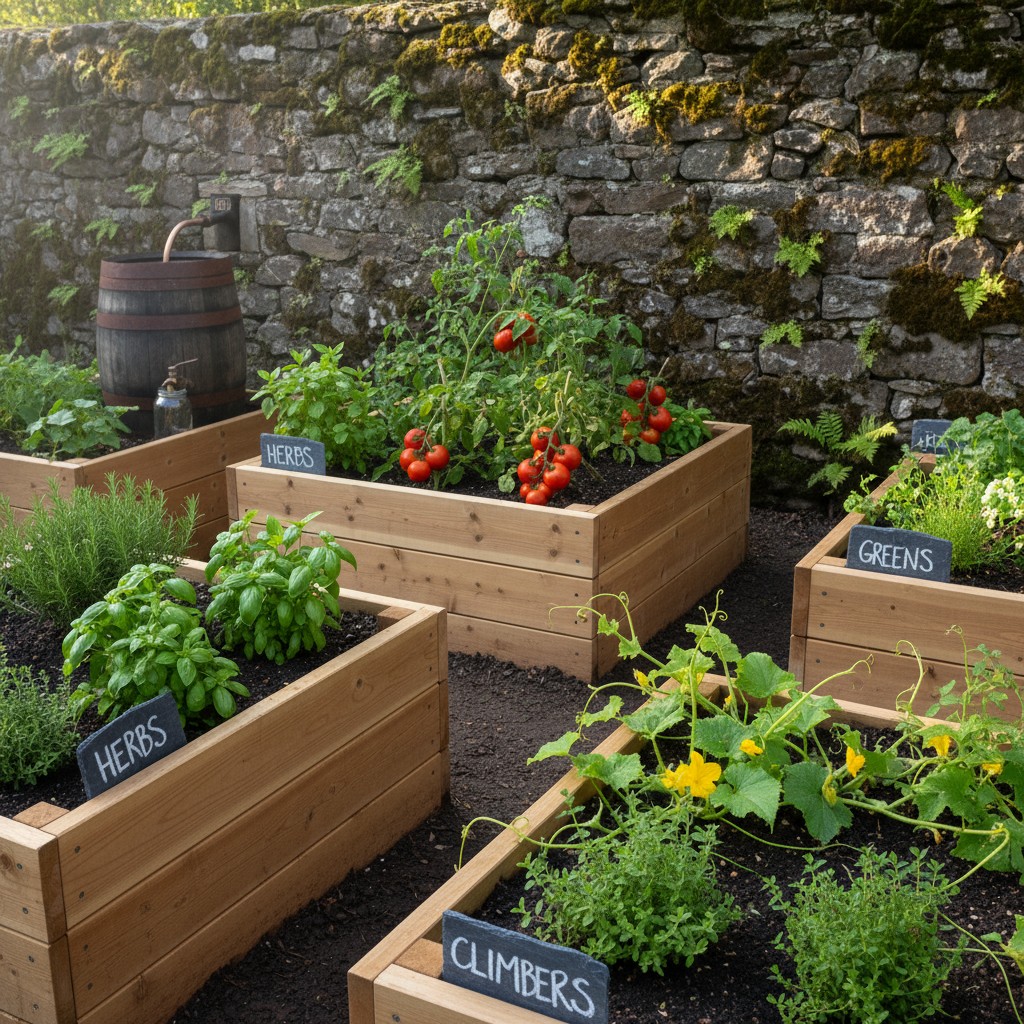 A raised bed vegetable garden in a backyard, with a stone wall in the background.