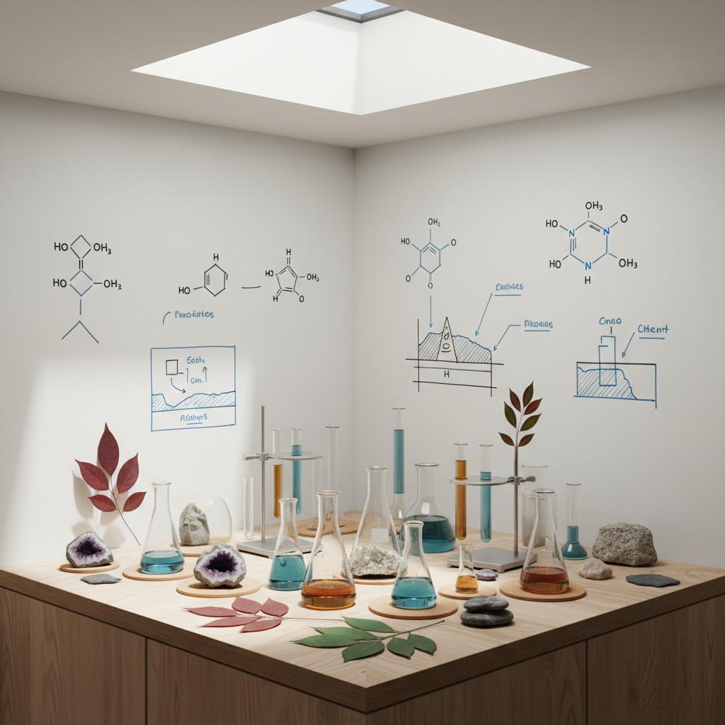 The image depicts a room with a skylight, a wooden countertop, and various scientific equipment.