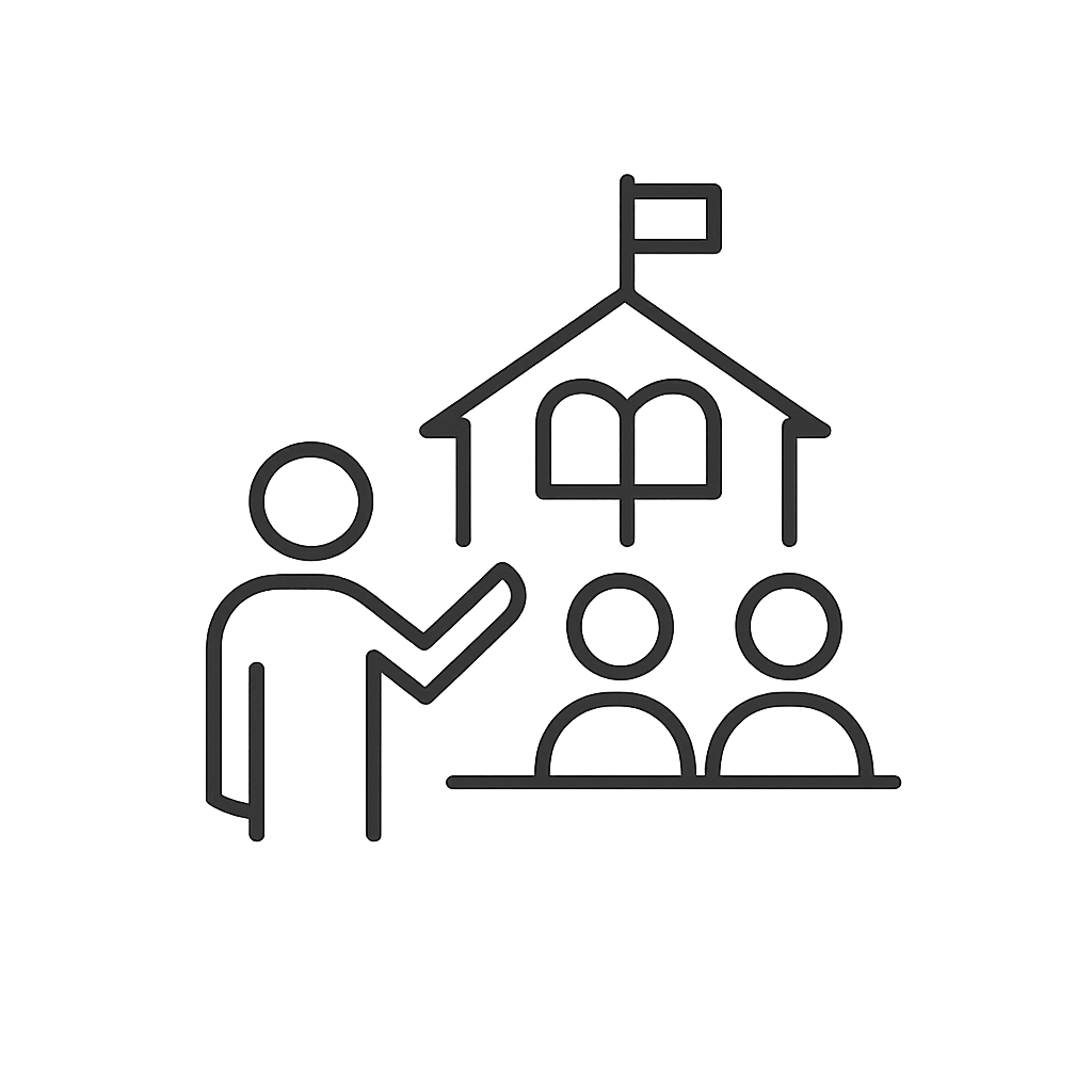 A monochrome icon featuring a teacher and students in front of an outlined building.
